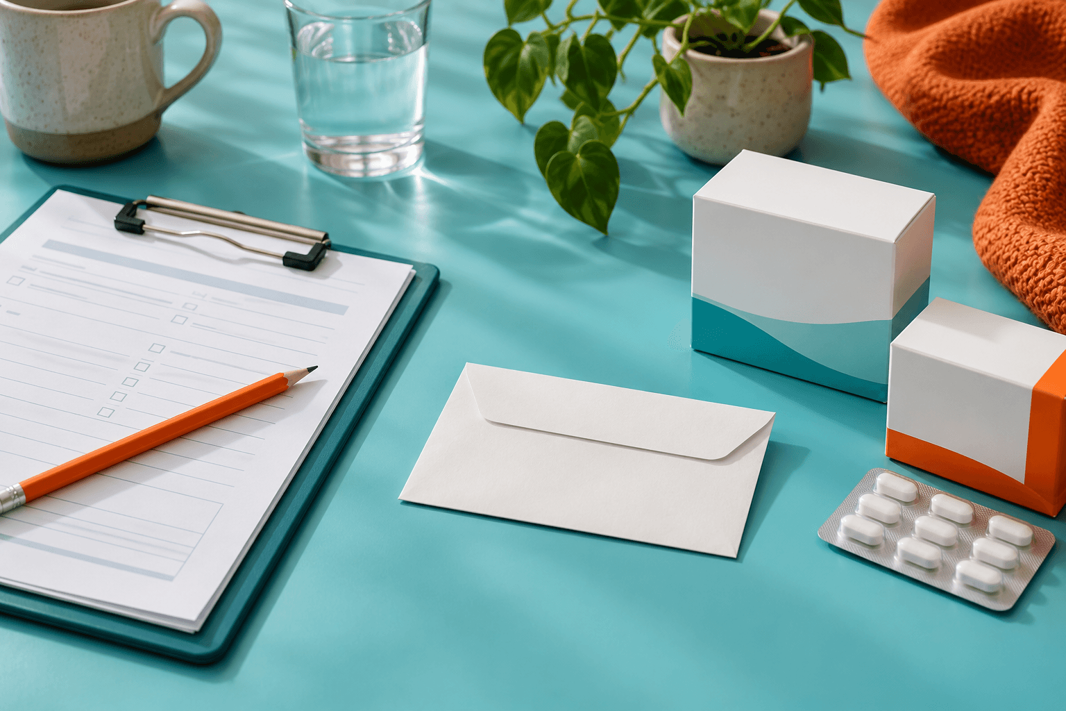 Blank appointment envelope and generic pharmacy cartons separated on an aqua tabletop