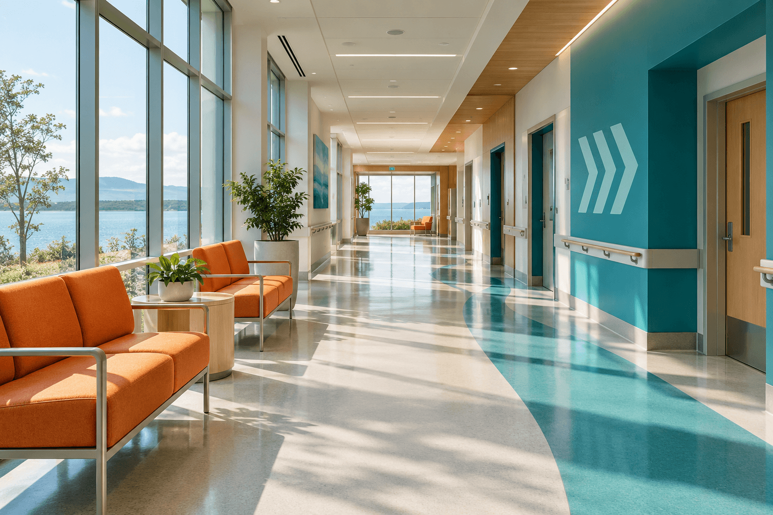 Illustrative hospital corridor with teal accents, orange seating, and daylight