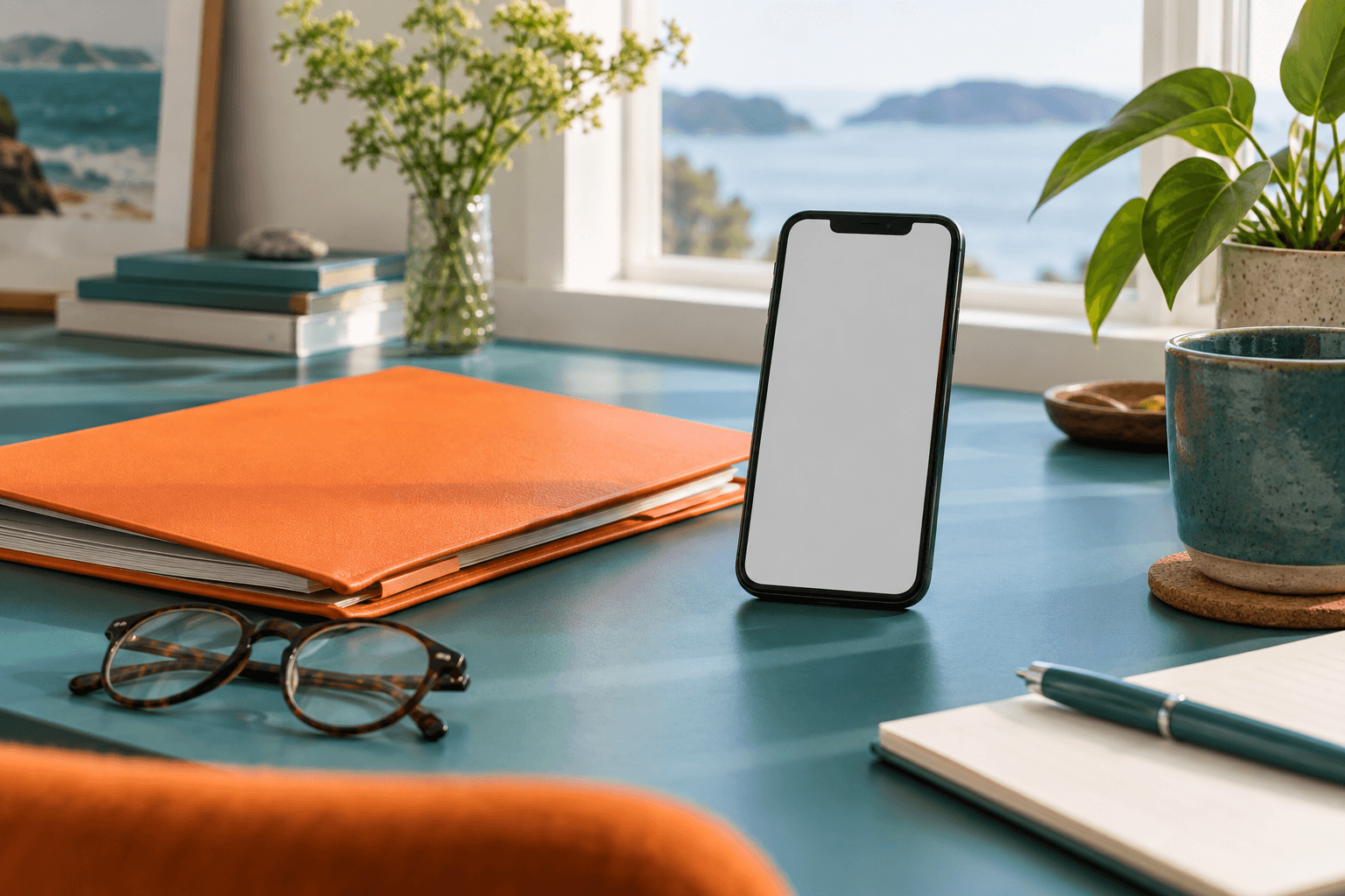 Unbranded phone, orange folder and reading glasses on a teal desk