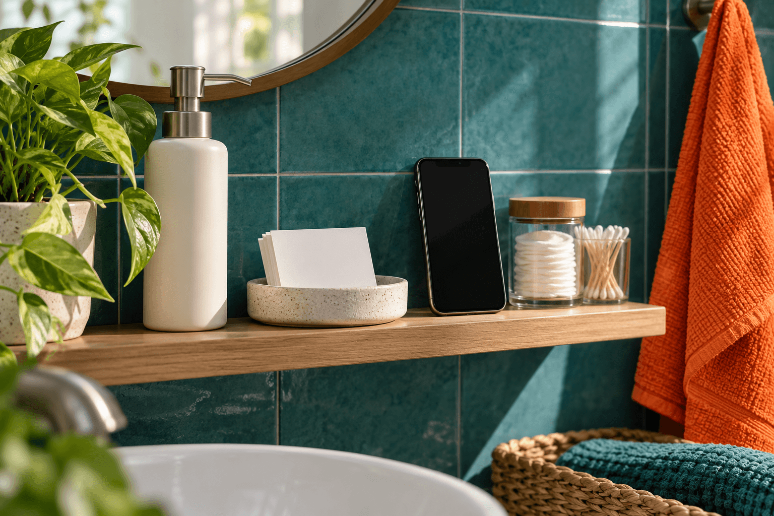 Unbranded pump bottle, blank note cards, and phone beside teal tile and an orange towel