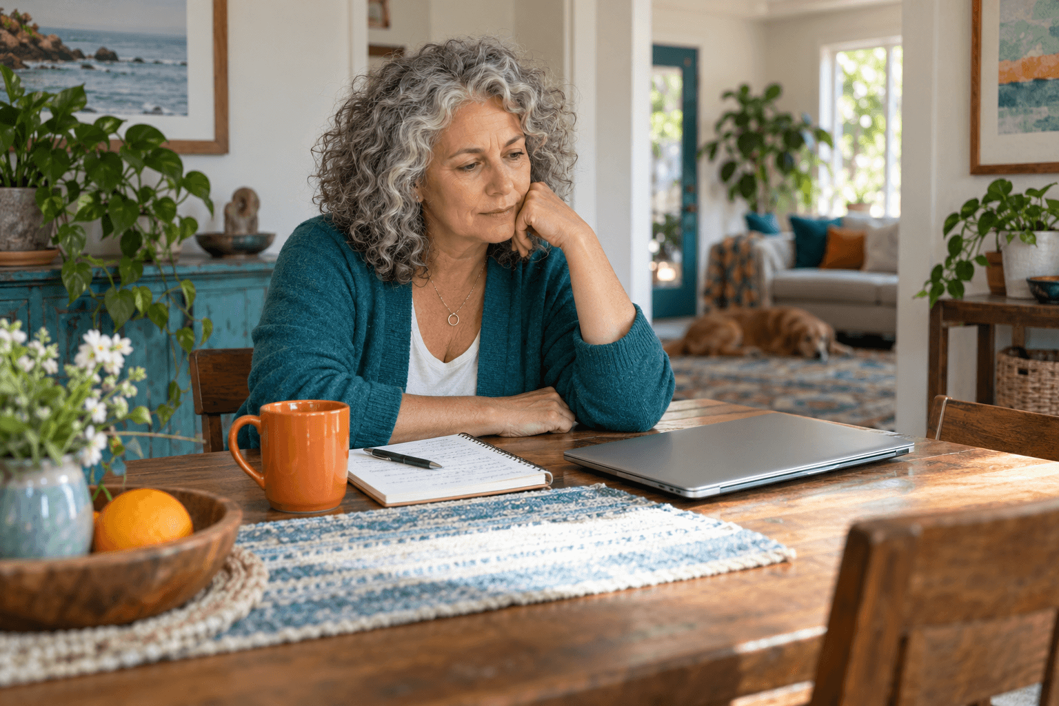 Woman with gray curls beside a closed laptop, notebook, and orange mug