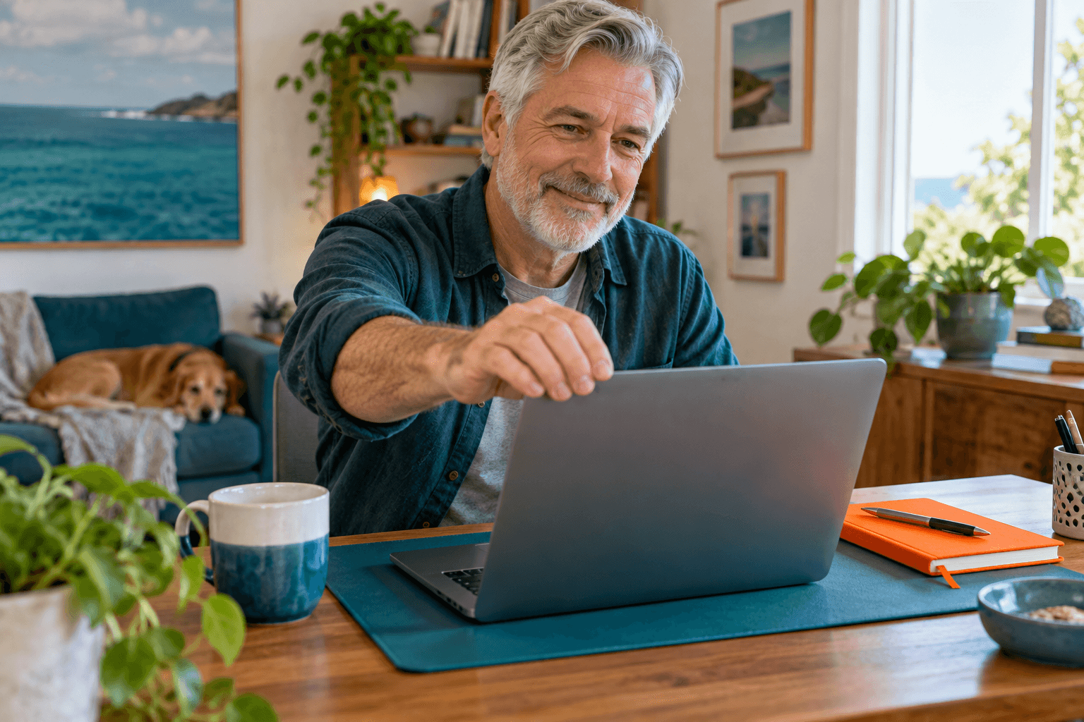 Older man positioning a laptop at a home desk beside an orange notebook