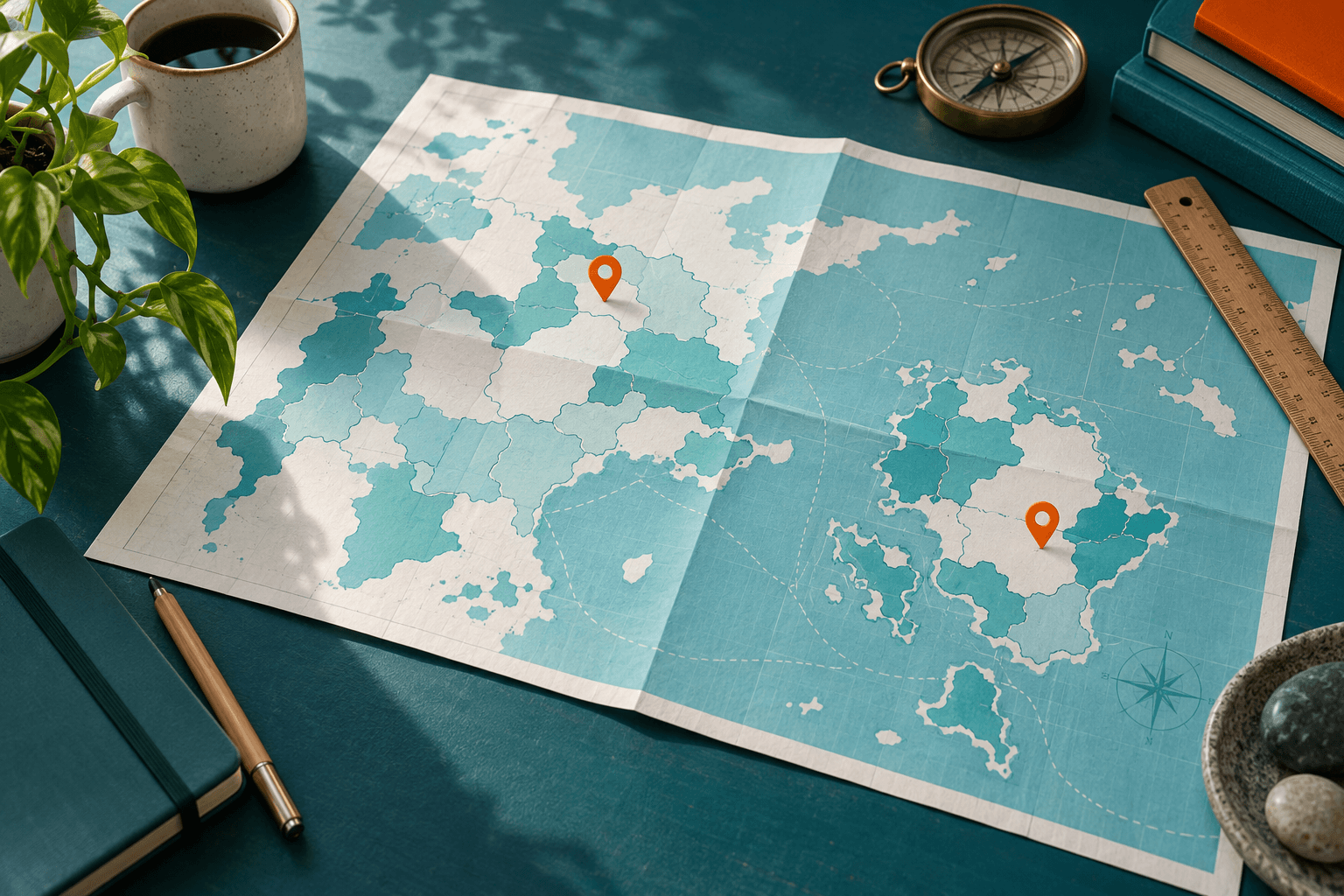 Paper map of fictional regions with two orange markers on a teal drafting surface
