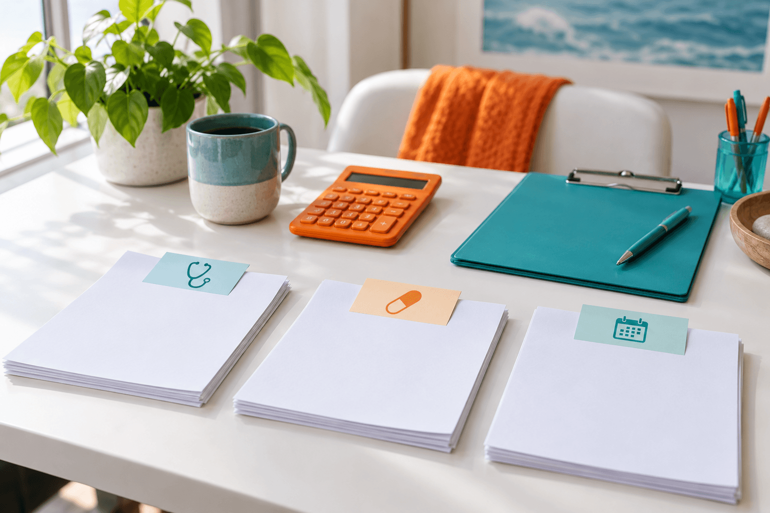 Three paper stacks for visit, medication, and follow-up beside an orange calculator